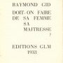 Doit-on faire de sa femme sa maitresse ? de Raymond Gid